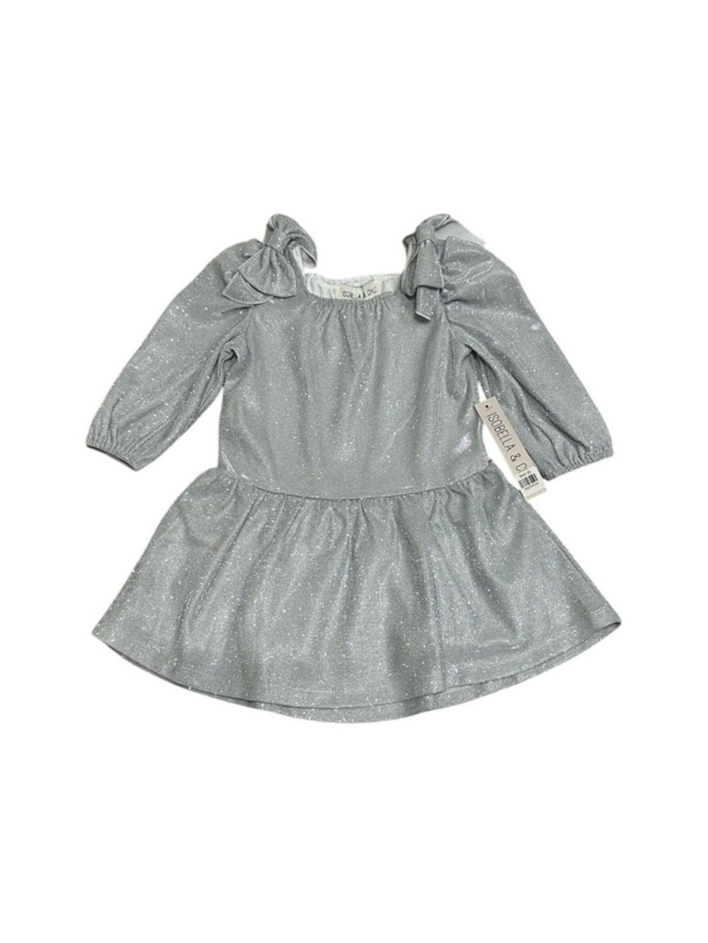 Isobella & Chloe Sparkle Bow Dress Long Sleeve Girl 24M Silver NEW
